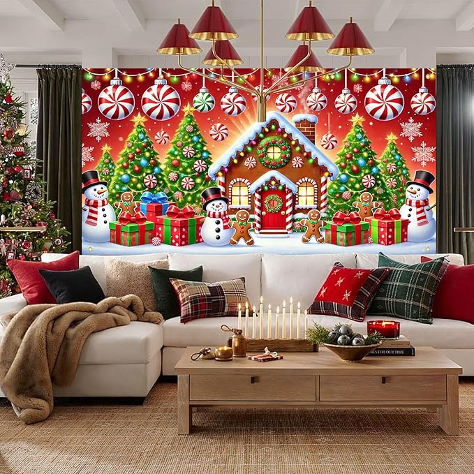HOMETITUTE Christmas Garage Door Banner 13x6ft Gingerbread House Snowman Candy Cane Holiday Backdrop Winter Scene Porch Entryway Wall Hanging Indoor Outdoor Seasonal Decorations