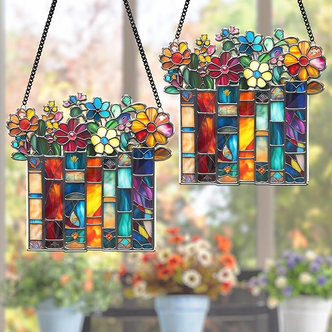 2 Bookaholic Suncatchers, Floral Book Acrylic Ornaments 6" Window Hanging, Bookish Librarian Gifts for Fantasy Book Lover Reader Women Accessories Library Bookshelf Decor Xmas Stocking Stuffer HS208