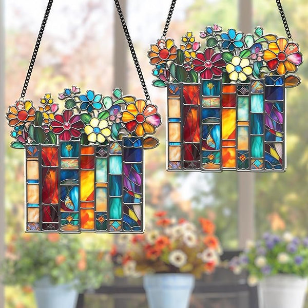 2 Bookaholic Suncatchers, Floral Book Acrylic Ornaments 6" Window Hanging, Bookish Librarian Gifts for Fantasy Book Lover Reader Women Accessories Library Bookshelf Decor Xmas Stocking Stuffer HS208