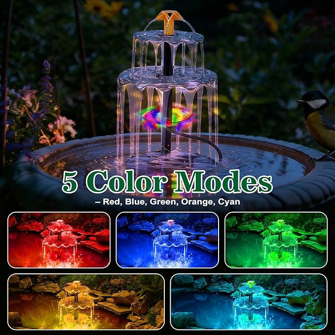 Solar Water Fountain, 6W Solar Bird Bath Fountain Pump with Color LED Lights, 3 Interchangeable Nozzles & Easy Installation, Solar Powered Fountain for Garden, Bird Bath, Patio, Yard, Pond