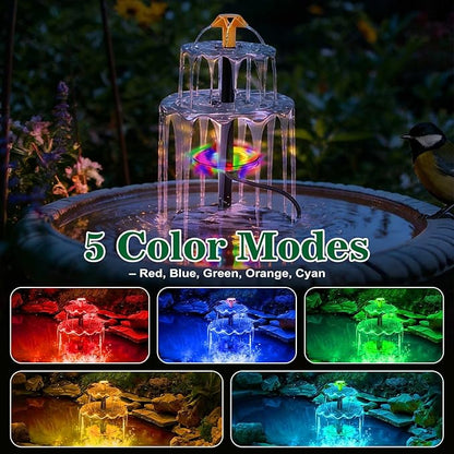 Solar Water Fountain, 6W Solar Bird Bath Fountain Pump with Color LED Lights, 3 Interchangeable Nozzles & Easy Installation, Solar Powered Fountain for Garden, Bird Bath, Patio, Yard, Pond