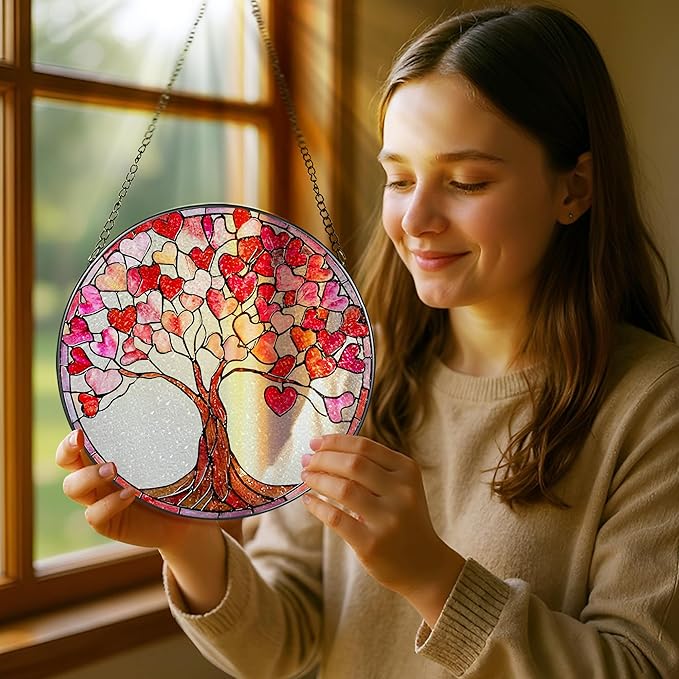 Stained Glass Window Hanging - 8 in Heart Sun Catchers Indoor Window - Suncatcher Decor for Valentine for Women, Her, Wife, Couple, Girlfriend - Mother's Day, Anniversary, Christmas, Birthday Gifts