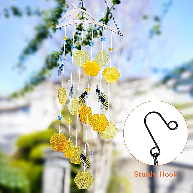 YU FENG 20" Bee Wind Chime for Outside Honeycomb Bees Decorative Hanging Suncatcher for Garden Patio Yard Ornament for Christmas Tree