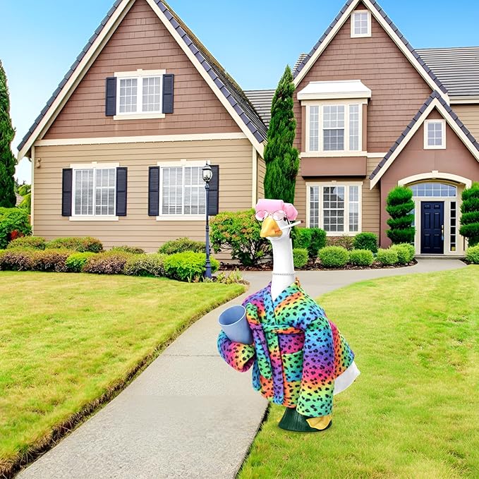 23 Inch Porch Goose Statue Outfits Set Neon Rainbow Leopard Porch Goose Bathrobe Costumes with Clothes & Accessories for Patio Yard Garden Lawn Outdoor Decoration