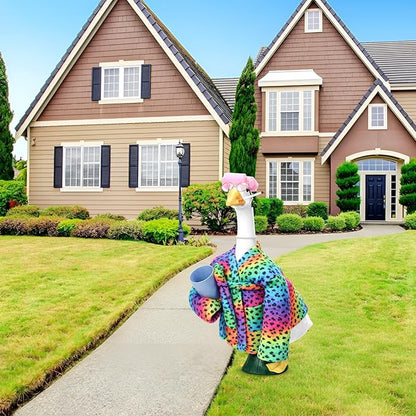 23 Inch Porch Goose Statue Outfits Set Neon Rainbow Leopard Porch Goose Bathrobe Costumes with Clothes & Accessories for Patio Yard Garden Lawn Outdoor Decoration