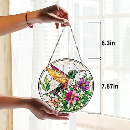 Stained Glass Window Hanging Sun Catcher 7.8 in, Hummingbird Suncatcher for Window, Colorful Round Glass Panel Art Ornament Ready to Hang, Indoor Home Garden Decor Gift for Women
