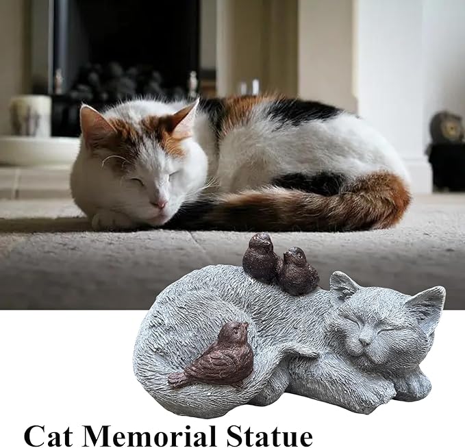 Cat Statue Outdoor Garden Decoration, Cat Memorial Stone Peaceful Sleeping Statues & Figurine Garden Decor for Patio Lawn Porch, 11.5" Tabby Grave Markers and Loss Pet Sympathy Gift