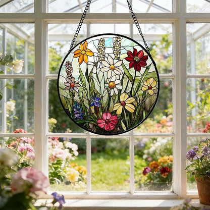 DASTOLL Stained Glass Window Hanging, Colorful Wildflowers Plant Scenery Suncatcher for Doors Window Home White Green Sun Catchers Decor Mother's Day Birthday Gifts for Women, Men Mom 9.8 in