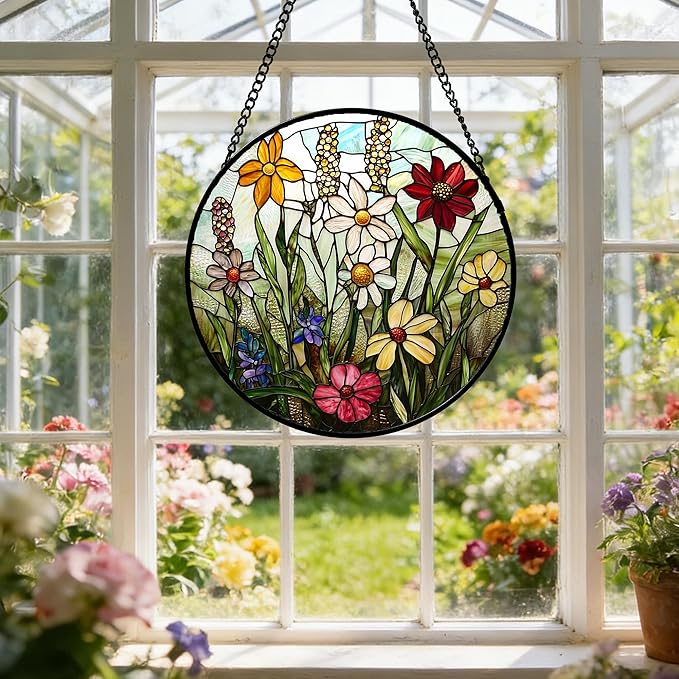 DASTOLL Stained Glass Window Hanging, Colorful Wildflowers Plant Scenery Suncatcher for Doors Window Home White Green Sun Catchers Decor Mother's Day Birthday Gifts for Women, Men Mom 15 in
