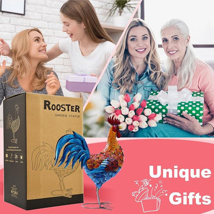 Metal Rooster Statue - Outdoor Garden Porch Patio Farm Backyard Decor - 21 Inch Metal Home Furnishing Artwork - Unique Gifts for Mom Women