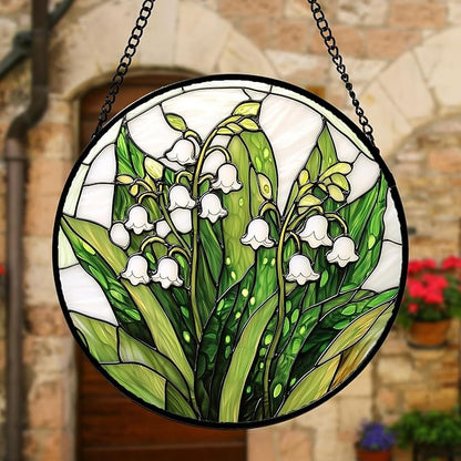 DASTOLL Stained Glass Window Hanging, Lily of the Valley Flower Sun Catchers Colorful Glass Panel Green Plants Suncatcher Decor for Birthday for Women,Men,Wife, Lovers, and Mom 6.3 in
