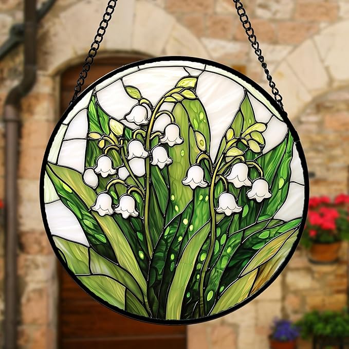 DASTOLL Stained Glass Window Hanging, Lily of the Valley Flower Sun Catchers Colorful Glass Panel Green Plants Suncatcher Decor for Birthday for Women, Men,Wife, Lovers, and Mom 9.8 in