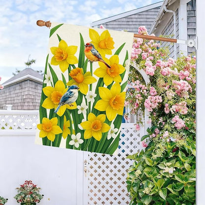 Baccessor Spring Summer Daffodils House Flag 28 x 40 Inch Double Sided Burlap Bluebirds Yellow Flower Green Leaf Farmhouse Large Yard Flag Summer Holiday Seasonal Outdoor Outside Decoration