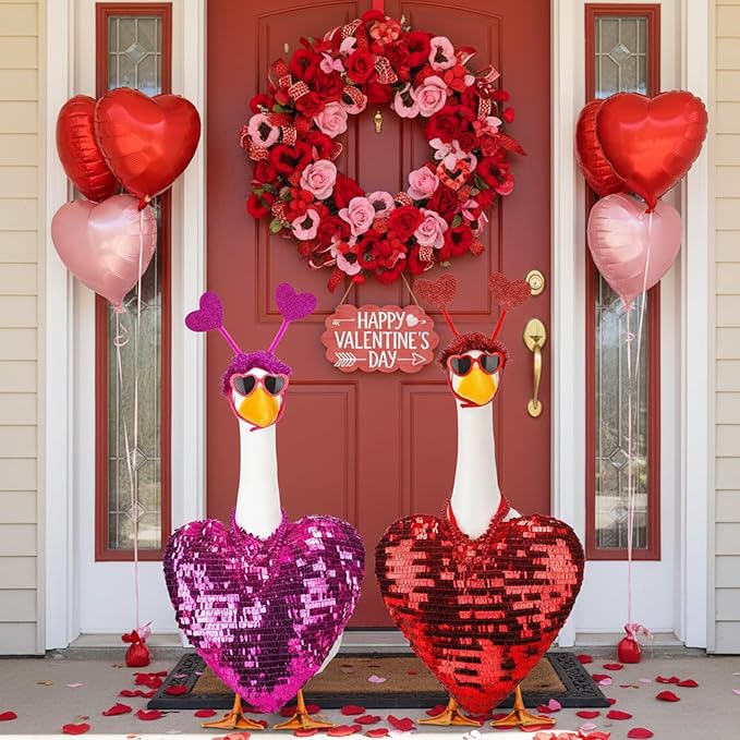 Abbylike 2 Sets Valentine's Day Porch Goose Outfits Love Heart Yard Goose Clothes Costume Fits Large 23'' Cement for Garden Yard Statue Pathway Decorations