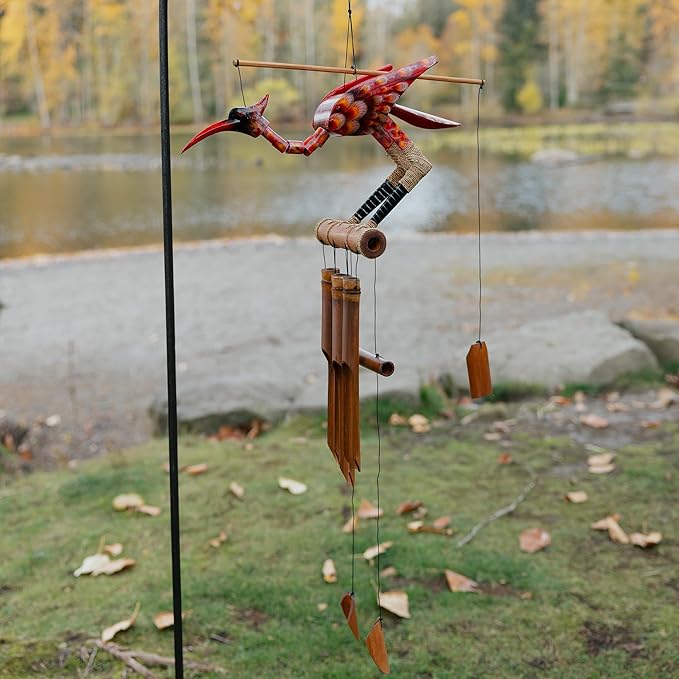 Cohasset Gifts Bamboo Wind Chime for Outside - Scarlet Bobbing Head Bird – Wooden Wind Chime - Large Wind Chimes for Outside Deep Tone, Cardinal Garden Decor, Ideal as Sympathy Gift