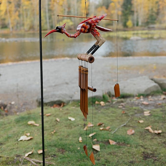 Cohasset Gifts Bamboo Wind Chime for Outside - Scarlet Bobbing Head Bird – Wooden Wind Chime - Large Wind Chimes for Outside Deep Tone, Cardinal Garden Decor, Ideal as Sympathy Gift