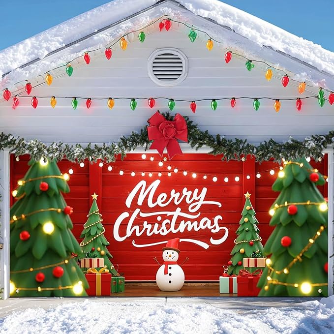 IVN Christmas Garage Door Cover Decoration 13x6ft Snowman Cartoon Trees String Lights Design Merry Christmas Winter Garage Door Banner Home Door Front Yard Decor for Xmas Eve Holiday Outdoor