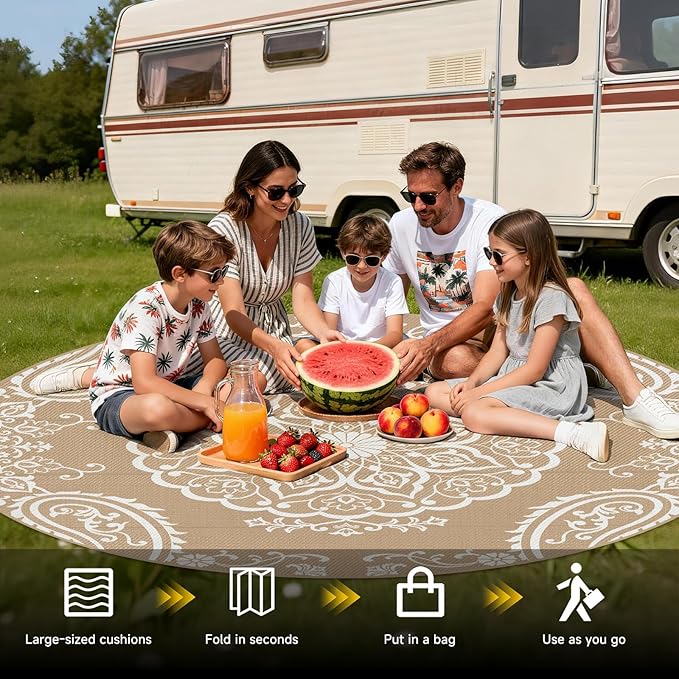 Pauwer Waterproof Outdoor Rug 8ft, Reversible Plastic Straw Patio Camping Rug, Indoor Outdoor RV Mat Carpet for Deck, Camper, Porch, Balcony, Backyard, Picnic, Boho Brown