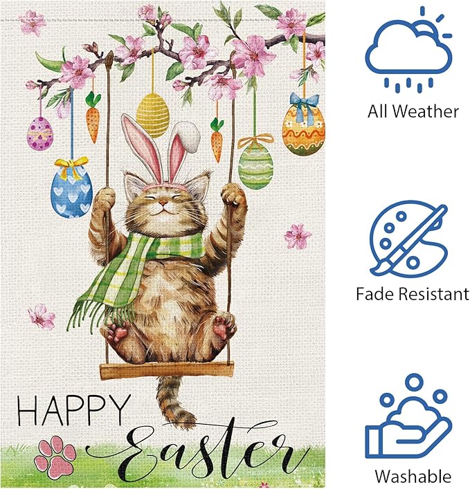 Heyfibro Happy Easter Cute Cat Garden Flag 28x40 Double Sided Burlap, Spring Summer Magnolia Flower Easter Egg Small Yard Banner for Seasonal Holiday Farmhouse Yard Outdoor Decor(ONLY FLAG)