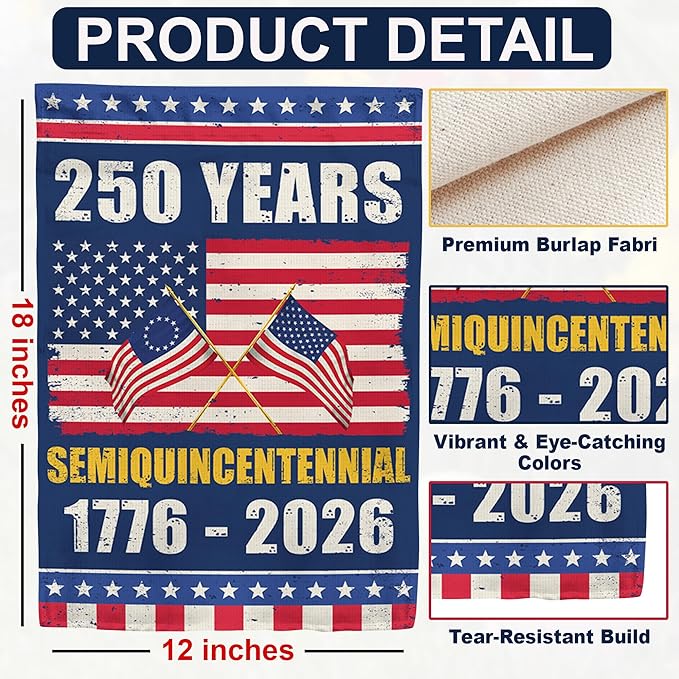 250th Anniversary America USA Garden Flag for Outside, Crossed Flags Semiquincentennial 250 Years 1776-2026 Patriotic Double-Sided Waterproof Yard Flag 12x18 Inch for 4th of July Memorial Day Decor