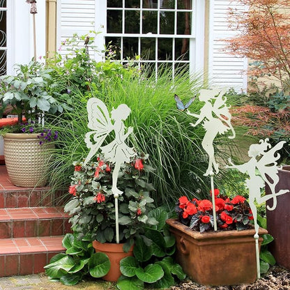 Sungmor 3PC Shabby Chic White Thick Metal Fairies Stakes, 28 Inch Tall Large Angel Statues, Decorative Stakes for Indoor Planter Plant Supporter, Outdoor Garden Lawn Patio Courtyard Landscaping Decor