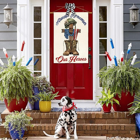 AVOIN colorlife Memorial Day Always Remember Our Heroes House Flag 28x40 Inch Double Sided, Military Soldiers Boots Patriotic Veteran Yard Outdoor Decoration