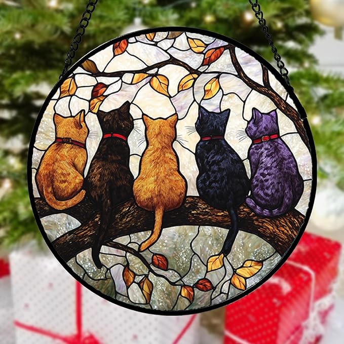 DASTOLL Stained Glass Window Hanging - 5 Cats on a Branch Suncatcher for Window Doors Home Decoration and Christmas, Mother's Day Father's Day Birthday Gifts for Women, Men, and Mom 14.9x14.9 in