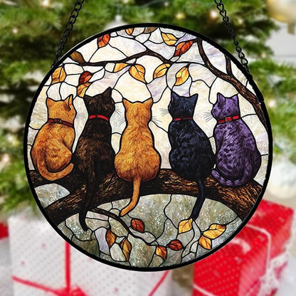 DASTOLL Stained Glass Window Hanging - 5 Cats on a Branch Suncatcher for Window Doors Home Decoration and Christmas, Mother's Day Father's Day Birthday Gifts for Women, Men, and Mom 14.9x14.9 in