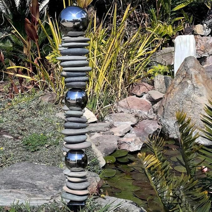 Zen Garden Ourdoor Decor - 32" Rock & Stainless Steel Sphere Sculpture Stake, Modern Yard Art for Landscape, Patio, or Pathway