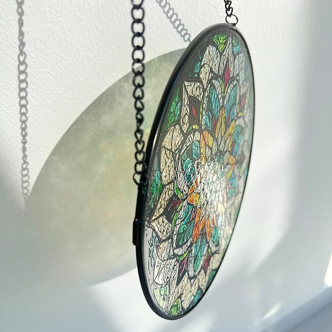 Bohemian Mandala Stained Glass Window Hanging Sun Catcher Indoor Outdoor Home Garden Panel Hangings Gift for Kits Adults (Green)