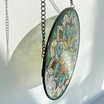 Bohemian Mandala Stained Glass Window Hanging Sun Catcher Indoor Outdoor Home Garden Panel Hangings Gift for Kits Adults (Green)
