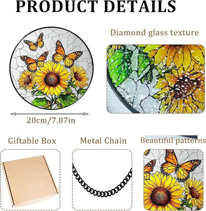 Sunflower Hanging Stained Glass for Windows, Sunflower Sun Catchers Indoor Window Glass Round Wall Decor Mother's Day, Valentine's Day Ornaments Festival Gift 7.87"