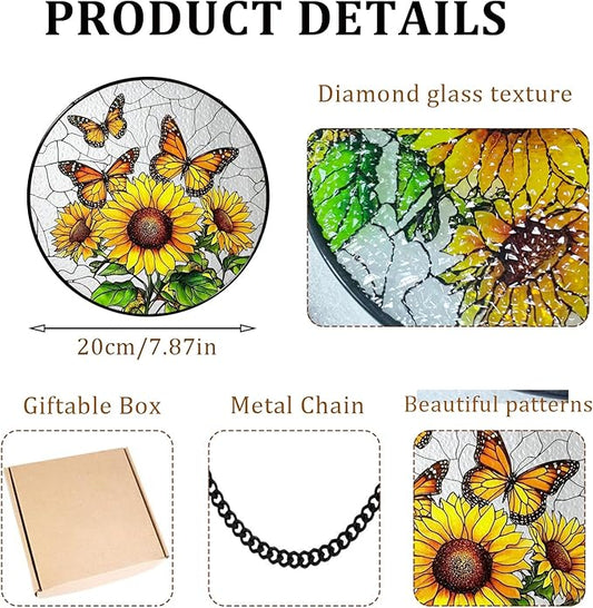 Sunflower Hanging Stained Glass for Windows, Sunflower Sun Catchers Indoor Window Glass Round Wall Decor Mother's Day, Valentine's Day Ornaments Festival Gift 7.87"