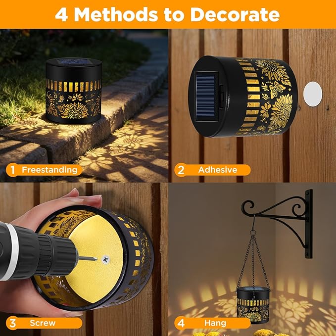 Forlivese 2 Pack Solar Fence Lights Outdoor, Metal Solar Powered Wall Deck Step Lights Sunflower Theme, Hanging LED Waterproof Decorative Lighting for Garden Patio Backyard Post Decor, Gifts for Mom