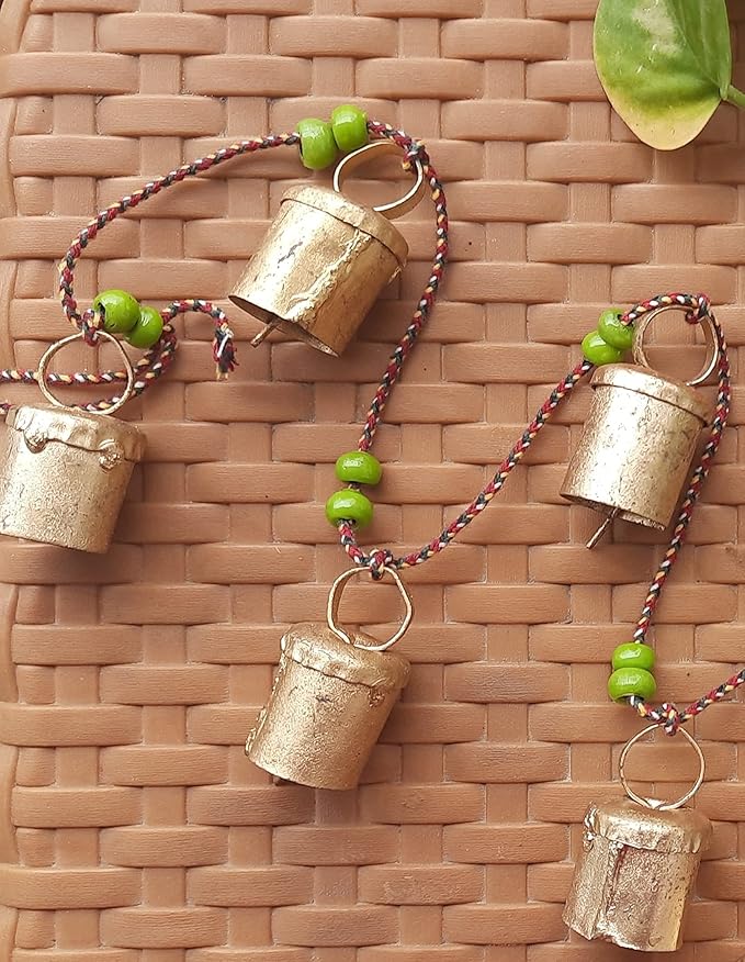 Set of 2 Rustic Vintage bell for Home Wall Christmas New Year decor decoration Garden - 5 handmade bells in a string with beads. Wind Chime Bell Chime Cow Cat Cattle bells Gifting