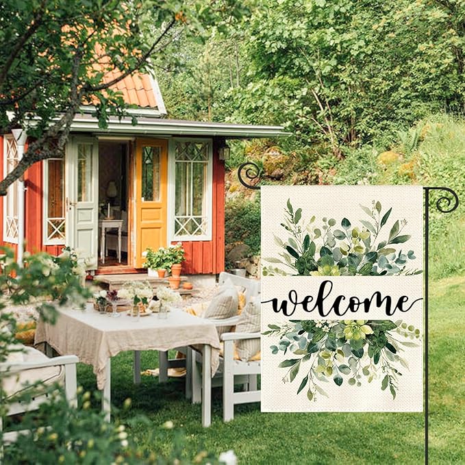 AVOIN colorlife Spring Summer Floral Welcome Garden Flag 12x18 Inch Double Sided Outside, Eucalyptus Seasonal Farmhouse Yard Outdoor Flag