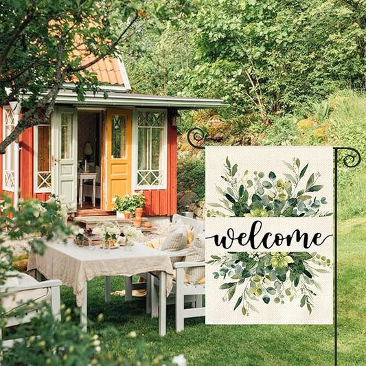 AVOIN colorlife Spring Summer Floral Welcome Garden Flag 12x18 Inch Double Sided Outside, Eucalyptus Seasonal Farmhouse Yard Outdoor Flag