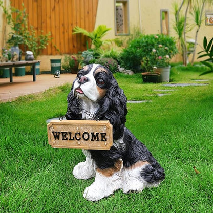Cavalier King Charles Spaniel Dog Garden Statue with Solar Lantern, Interchangeable Welcome & On Patrol Signs, Resin Puppy Outdoor Decor Sculpture Lawn Ornament for Patio Yard Porch Gifts