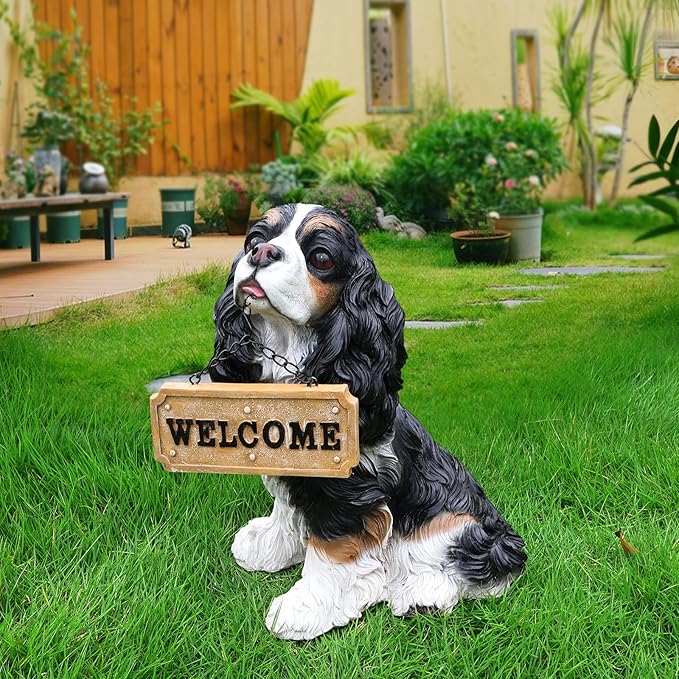 Cavalier King Charles Spaniel Garden Statue with Solar Lantern, Realistic Dog Sculpture, Birthday Gift for Women Mom Grandma, Housewarming Gift for New Home, Outdoor Resin Puppy Decor,Black & White