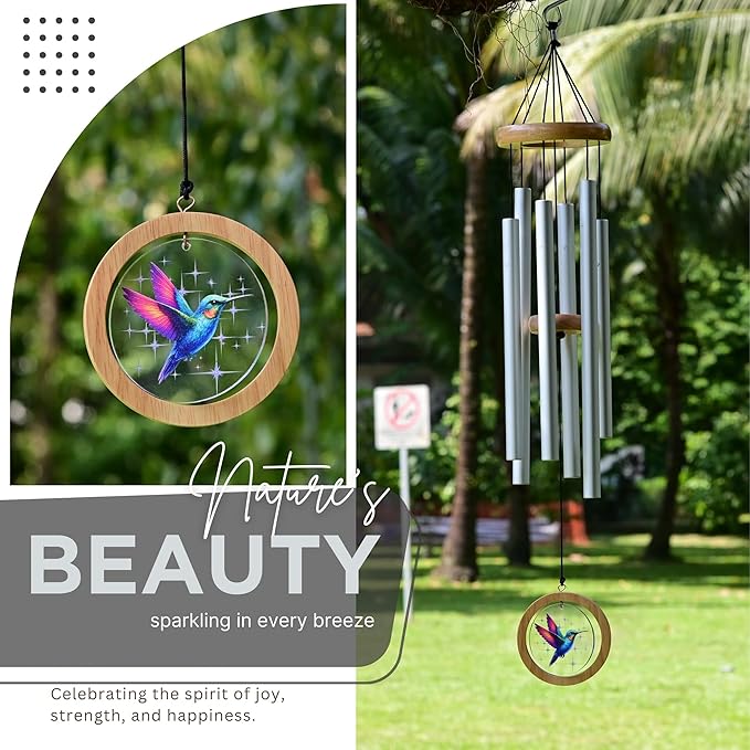 Wind Chimes for Outside, Wind Chimes Outdoor Clearance, Deep Tone Outdoors, Hummingbird Wind Chime, Memorial, Sympathy Gift, Patio, Porch, Home Décor, Modern, Acrylic Art, Silver (34" Hummingbird)