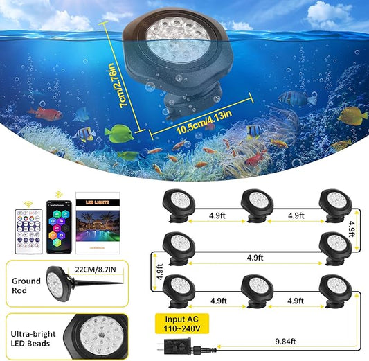 T-SUN Pond Lights LED Underwater – IP68 Waterproof Smart App & Remote Submersible Fountain Lights with 16 Million Colors Dimmable Timer for Outdoor Koi Pond Garden Waterfall Aquarium(Set of 8)