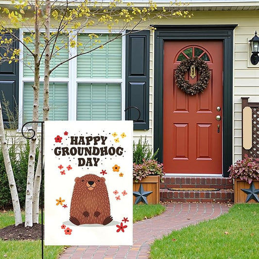 Happy Groundhog Day Garden Flag for Outdoor Spring Yard Flags Cute Groundhog Floral Banner Seasonal Welcome Banners Double Sided Weather Resistant Funny Animal Holiday Decor 12x18 Inch