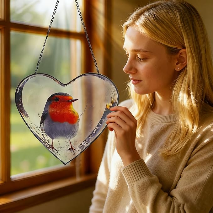 Heart Shaped Robin Bird Stained Glass Window Hanging, 9.8'' Sun Catcher Decor with Chain, Suncatchers Indoor Window Glass Gifts for Mom Wife Birds Lovers (Bird)