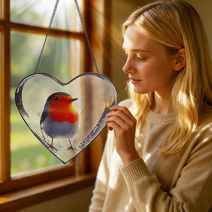 Heart Shaped Robin Bird Stained Glass Window Hanging, 9.8'' Sun Catcher Decor with Chain, Suncatchers Indoor Window Glass Gifts for Mom Wife Birds Lovers (Bird)