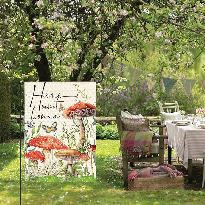 AVOIN colorlife Home Sweet Home Spring Mushrooms Garden Flag 12 x 18 Inch Double Sided, Seasonal Flowers Welcome Yard Outdoor Flag