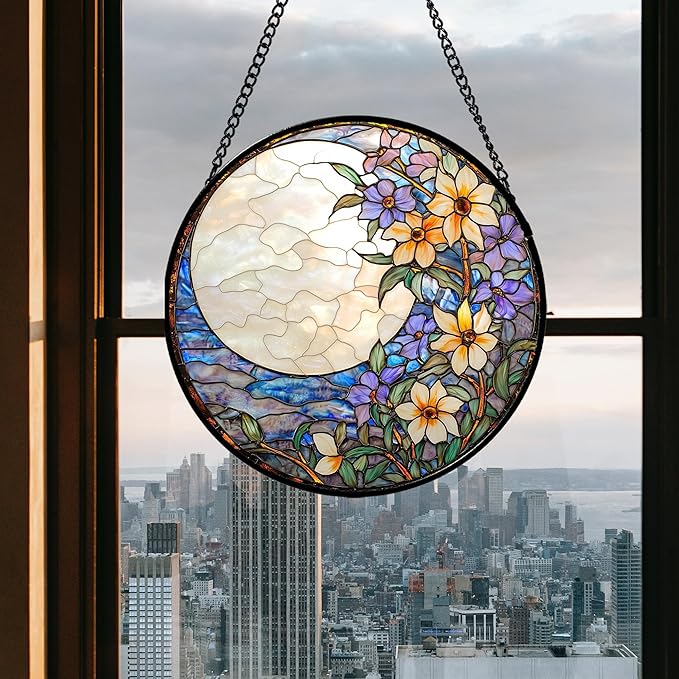 Stained Glass Window Hanging - White Purple Moon Flowers Suncatcher for Door Terrace Garden Home Decor Landscape Sun Catcher Birthday Gifts for Lovers Women Men Dad Mom Nana 11.8 in