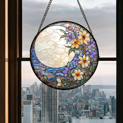 Stained Glass Window Hanging - White Purple Moon Flowers Suncatcher for Door Terrace Garden Home Decor Landscape Sun Catcher Birthday Gifts for Lovers Women Men Dad Mom Nana 11.8 in