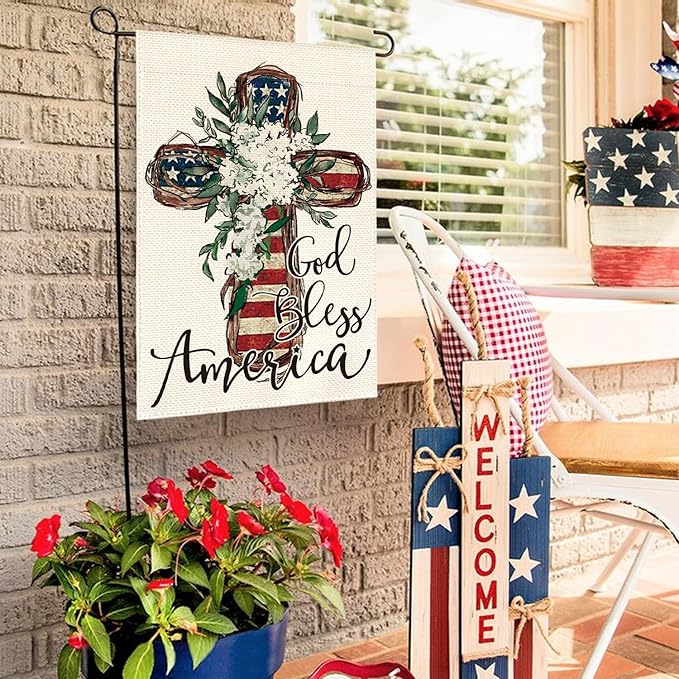 AVOIN colorlife God Bless America Stars and Stripes Garden Flag 12x18 Inch Double Sided, Memorial Day 4th of July Patriotic Lily Cross Yard Outdoor Decoration