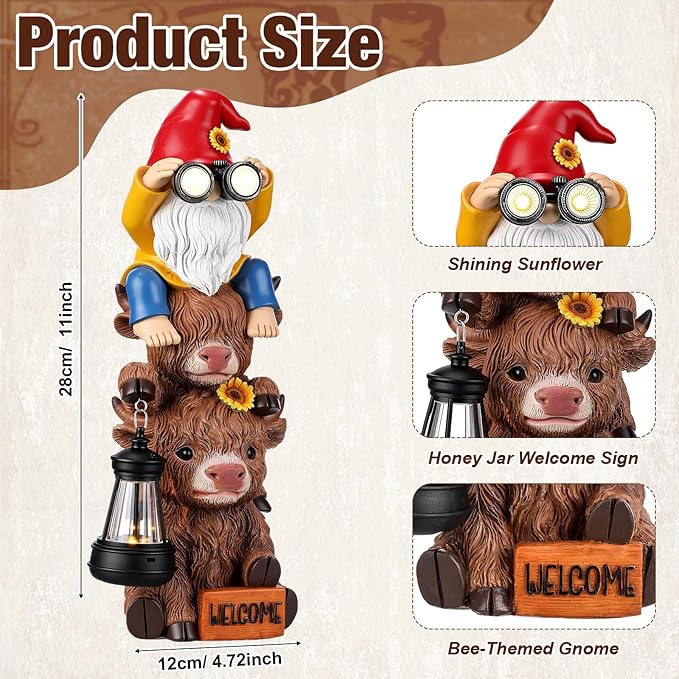 Gerrii Solar Highland Cow Gnome Outdoor Spring Garden Statue with Lighted Lantern 11" Resin Highland Cow Welcome Sign Outdoor Yard Waterproof Gift for Women Mom Holiday Patio Lawn Ornaments
