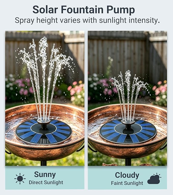Solar Bird Bath Fountain Pump 6.3" Larger Size, 7V 1.4W Floating Solar Fountain, 5 Spray Patterns Water Pump for Bird Bath, Pond, Garden & Outdoor Water Features